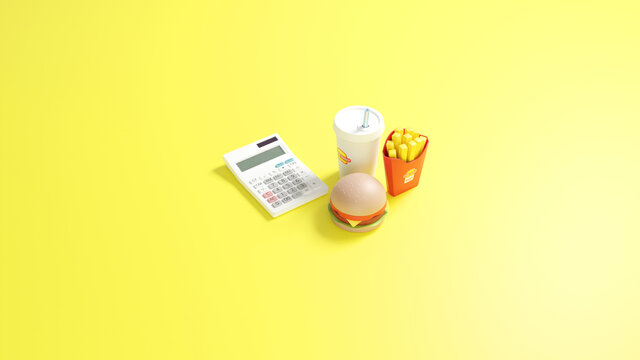 3DCG rendering photo-realistic illustration of a toy hamburger set and a calculator on a flat surface.