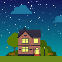 Night Street with house closeup trees, bush, clouds, flat cartoon square banner. Urban small town landscape. Single house under starry sky. Suburban village neighborhood Cityscape Vector illustration