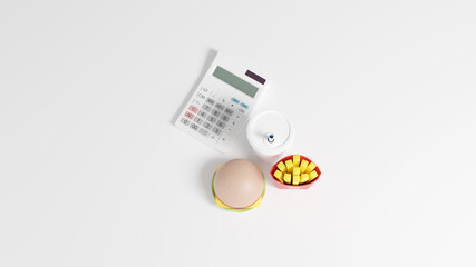 3DCG rendering photo-realistic illustration of a toy hamburger set and a calculator on a flat surface.