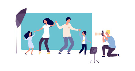 Fototapeta na wymiar Family photo session. Professional photographer with camera and parents with children in studio. Portrait of happy man woman kids vector illustration. Family photographing shoot, photograph in studio
