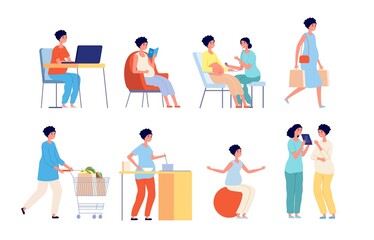Pregnant woman. Examination doctor, pregnancy of women daily life, nutrition diet future mother. Beautiful maternity vector illustration. Pregnant examination at doctor, pregnancy patient