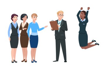 Employer choose worker. Man recruit from crowd women. Happy hired person and dissatisfied employees. Job search, hr manager and candidates. Business promotion and success vector illustration