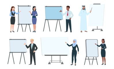 People and presentation boards. Executives coaching, trainers or speakers. Teachers on lecture. Isolated business man woman near interactive screen, office manager promotion vector set illustration