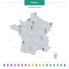Obraz premium France map with location pointer marks. Infographic vector template, isolated on white background.