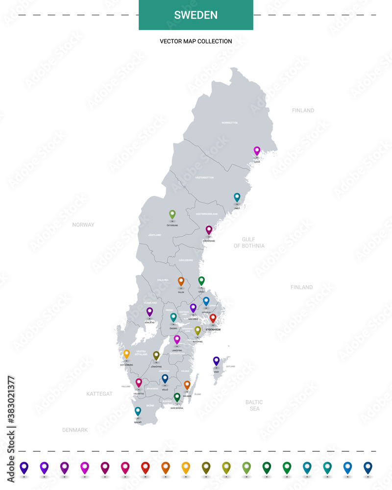 Wall mural sweden map with location pointer marks. infographic vector template, isolated on white background.