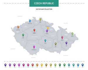 Czech Republic map with location pointer marks. Infographic vector template, isolated on white background.