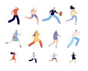 Fototapeta na wymiar Running people characters. Athlete woman, runners or joggers in sportswear. Active human run, isolated adults kids hurry vector illustration. Jogger training, healthy sporty run for wellness