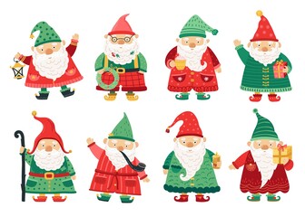 Christmas dwarfs. Cute fairytale gnome, old beard men greeting with x-mas. Home garden magical characters, winter holiday fantasy vector set. Christmas holiday character, winter dwarf, xmas elf of set