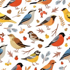 Forest winter birds pattern. Forest animal background, flat snowy tree branches. Holiday bullfinch leaves berries, wildlife vector texture. Seasonal drawing pattern, wild winter birds illustration