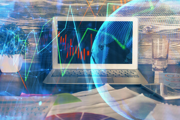 Multi exposure of graph and financial info and work space with computer background. Concept of international online trading.