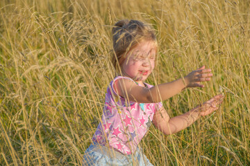 a Sunny summer day a child runs around the field with rye