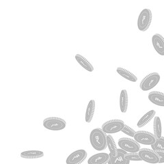 Indian rupee coins falling. Scattered black and wh