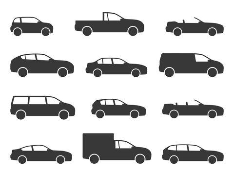 Car icons. Black vehicle side view silhouettes, automobiles for travel, models auto sedan and hatchback, truck and pickup, minivan and cabriolet, transport shapes web signs vector set