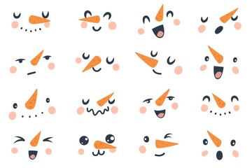 Snowman faces. Christmas funny snowmen heads with carrot nose and eyes, mouth and eyelashes with various emotions winter holidays vector doodle isolated snowy characters collection