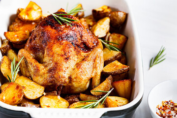 Baked whole chicken with potatoes and rosemary in black dish, white background.