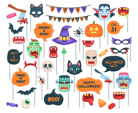 Halloween props. Photo booth requisite speech bubbles with text, boo, trick or threat and holiday symbols zombie and witch hat, vampire, pumpkin and bat vector cartoon isolated set