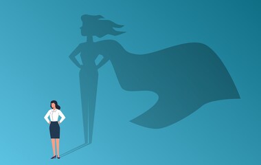 Businesswoman with superhero shadow. Confident woman, emancipation and feminism symbol, empower potential, leadership professional and success career vector flat cartoon concept