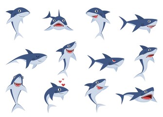 Cartoon cute sharks. Underwater characters with different emotions, happy, sad and surprised, smile, funny and angry ocean fish mascot stickers, comic animal flat vector wildlife set
