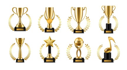 Trophy cup with golden laurel. Realistic gold sports or music winner awards, victory goblet with wreath collection for winners on award ceremony, symbol of leadership and success vector set