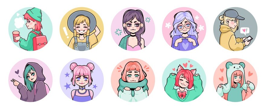 Naklejka Anime girls avatars. Asian teenage cute woman kawaii with face expressions and activities in various clothes, profile portrait cartoon teenager characters in circle vector set on white