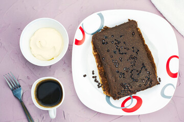 Freshly baked homemade cake with dark chocolate and cacao