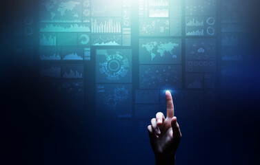 Applications icons on virtual screen, technology, development background concept.