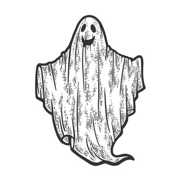 sheet ghost with smile sketch engraving vector illustration. T-shirt apparel print design. Scratch board imitation. Black and white hand drawn image.
