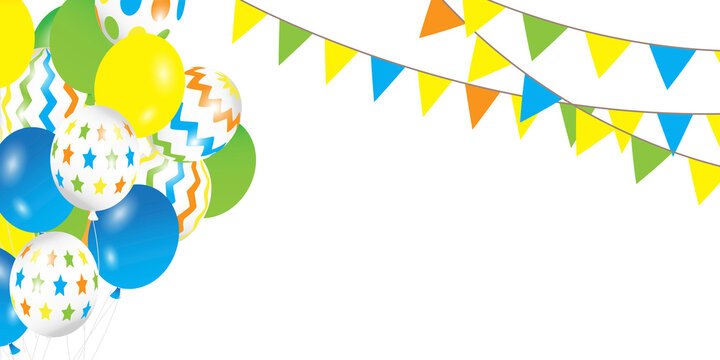 Balloons, confetti and flags. Party decoration. Template for a postcard. Vector illustration. Stock image.