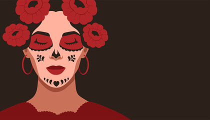 Day of the Dead, Dia de Los Muertos, banner with Mexican young woman with sugar skull makeup. Holiday poster, party flyer, greeting card on dark background