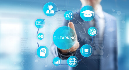 E-learning, Online education, internet studying. Business, technology and personal development concept on virtual screen