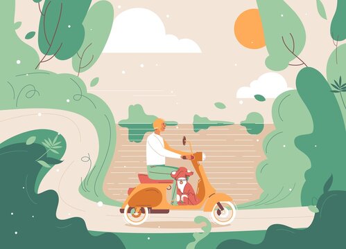 Beautiful Landscape And Friends Travelling On Motor Scooter Bike. Young Man In Helmet And His Dog. Smiling Characters Ready For Summer Adventure And Places To See. Travel With Pet Illustration