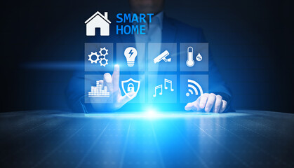 Smart home control panel on virtual screen. Internet of things, IOT, process automation concept.