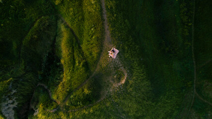 Top view of a young girl  and a guy lie on a blanket in a green field. Aerial view.