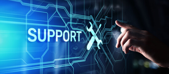 Support button on virtual screen. Customer service and communication concept.