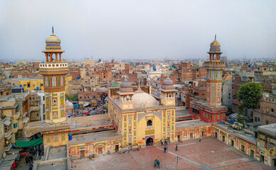 aerial view of wazir khan mosque, masjid wazir khan, an old mosque in Lahore , Mughals architecture...