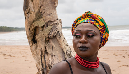 Ghanaian African woman with colorful headdress sitting at a broken palm tree stump at the beach in Axim Ghana West Africa