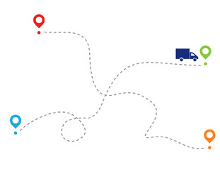 path of car on dotted line. dotted trace and the direction of traffic. The truck goes from point to point.