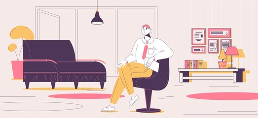 Interior scene with male psychotherapist waiting for a client for family or individual therapy. Concept illustration drawn with outline style, pink and yellow colors