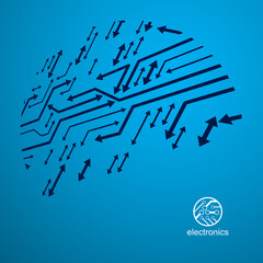 Vector circuit board with electronic components of technology device. Computer motherboard cybernetic abstraction. Electronic microprocessor with arrows.