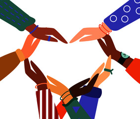 Heart shaped hands of group of diverse people. Hands connected together as a love symbol expressing togetherness. Vector illustration