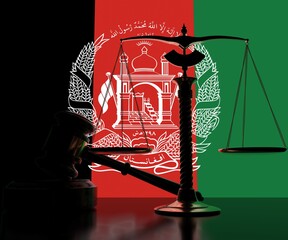 Flag of Afghanistan behind court gavel and scales. 3d rendering