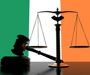 Backlit judge gavel and scales on flag of Ireland background, 3d rendering