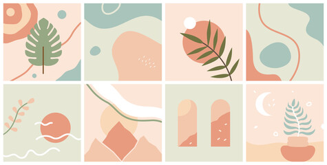 Vector set of abstract compositions and backgrounds - landscapes, leaves, sun and shapes. Modern trendy art