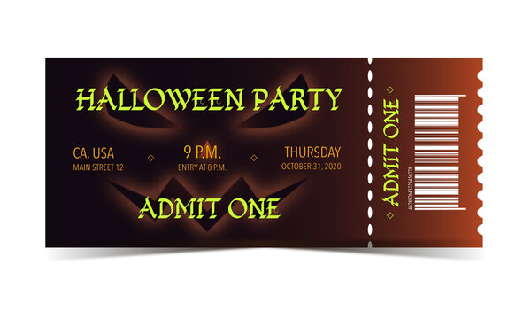 Halloween party orange pumpkin ticket with evil smile for admit one 