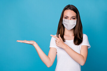 Photo of pretty lady hold open arm showing direct finger presenting covid quarantine novelty low...