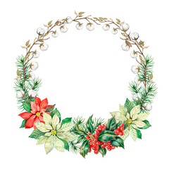 Watercolor christmas wreath with holly berries, poinsettia flowers, cotton twigs, christmas card decor