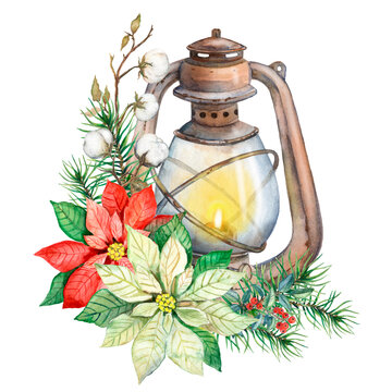 Watercolor christmas composition, holly berries, lantern with candle, fir branches, christmas decoration