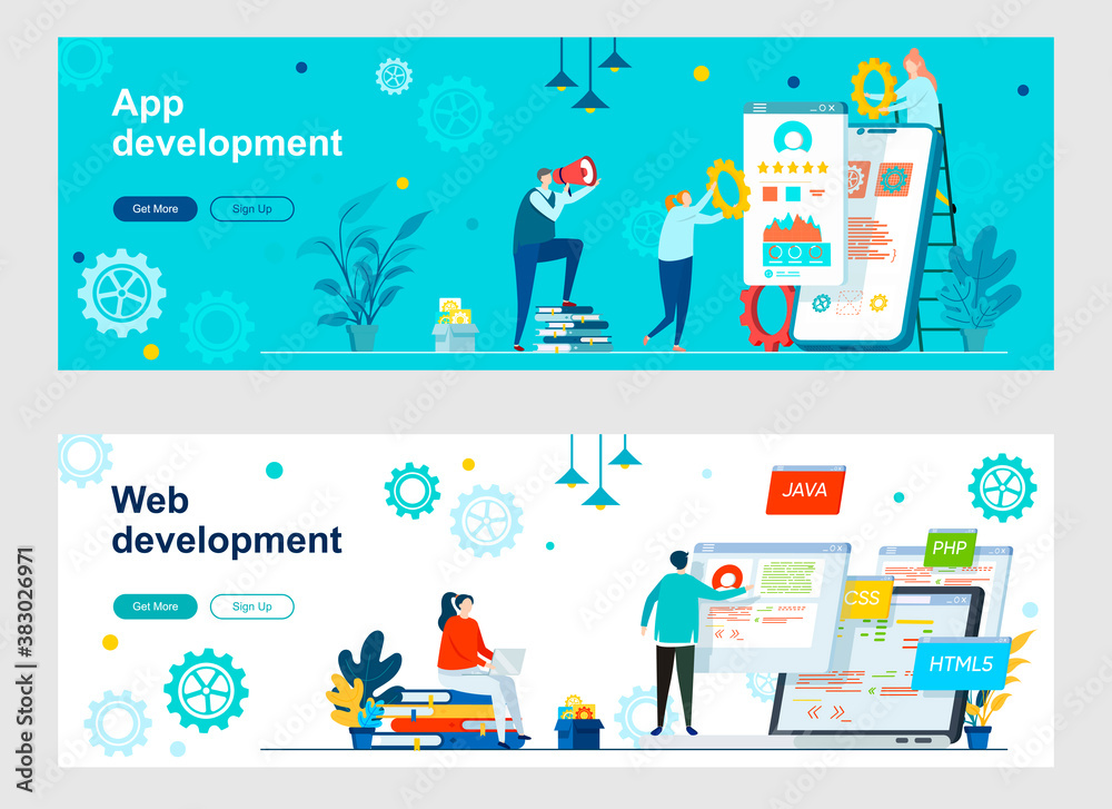 Poster app and web development landing page with people characters. full stack software engineering and pro