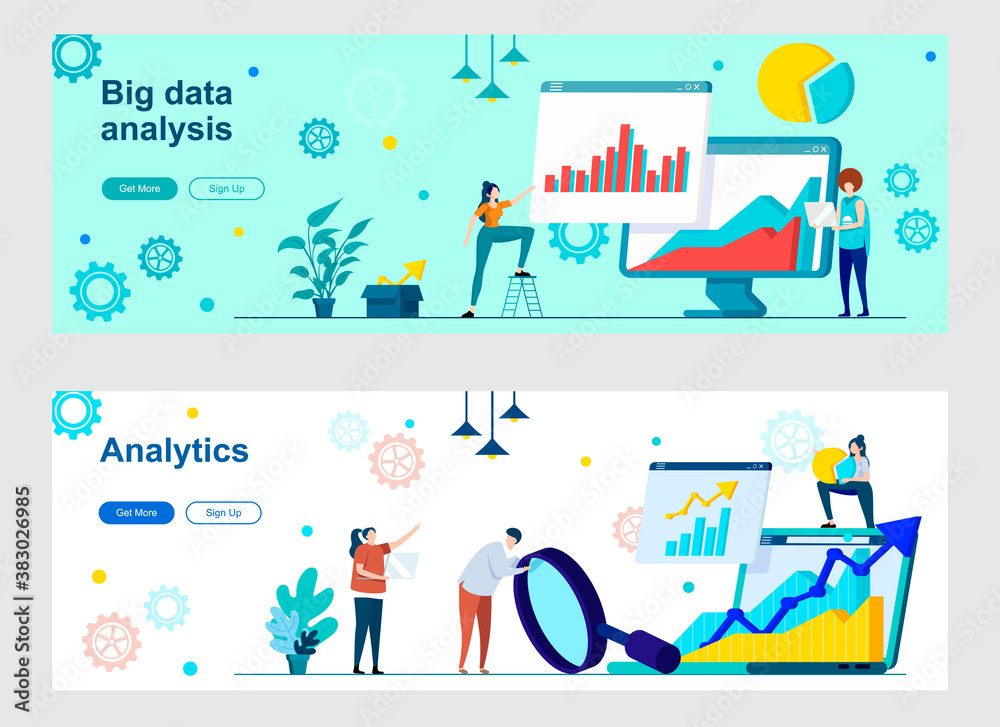 Poster Big data analysis landing page with people characters. Expert research and data analysis web banners set. Business analytics and statistics information vector illustration great for social media cover