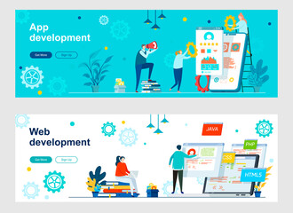 Fototapeta premium App and web development landing page with people characters. Full stack software engineering and programming web banners set. Websites construction vector illustration great for social media cover.